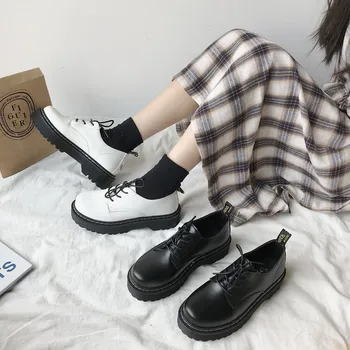 Noua Toamna Pantofi Femei Solid Negru Din Piele Pantofi Oxford Femei Dantelă Sus Tocuri Inalte Fund Gros Plat Mocasini Platforma Pantofi Casual