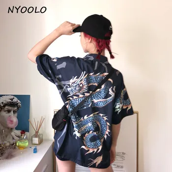 NYOOLO 2018 vara vintage design dragon print de turn-down guler camasa cu maneci scurte barbati si femei Japonia Stil Casual Bluza
