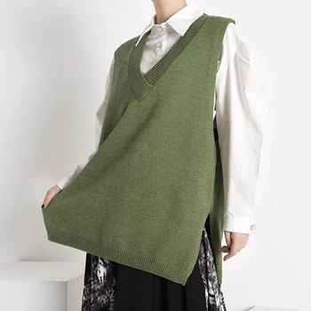[MEM] Verde Scurtă de Dimensiuni Mari Tricotat Pulover Vrac Fit V-Neck fără Mâneci Femei Pulovere de Moda Noua de Toamna Iarna 2021 1Y21106