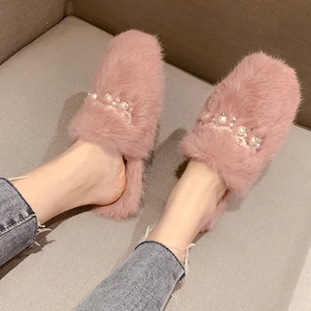 Blana Acasă Pantofi pentru Femei Papuci Unicorn de Pluș Perla Catarama Catâri Stilul Chic de Iarna pentru Femeie Casa Mocasini Slip Pe Slide-uri de Moda