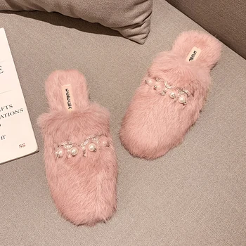Blana Acasă Pantofi pentru Femei Papuci Unicorn de Pluș Perla Catarama Catâri Stilul Chic de Iarna pentru Femeie Casa Mocasini Slip Pe Slide-uri de Moda