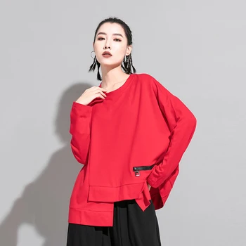 [MEM] pentru Femei Roșii Neregulate Split Joint Mare Dimensiune T-shirt Noi Gât Rotund Maneca Lunga Mareea Moda Primavara Toamna anului 2021 1DA605