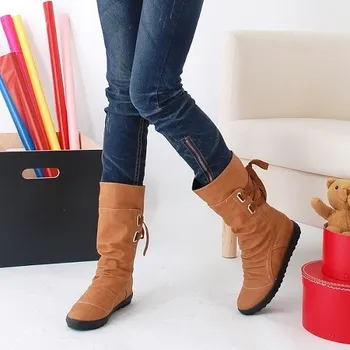 Femei de Moda Cizme Jumătatea Vițel Cizme cu Platforma Aluneca Pe Dantela-up Solid Tocuri Plat Doamnelor Casual, Pantofi de Cald