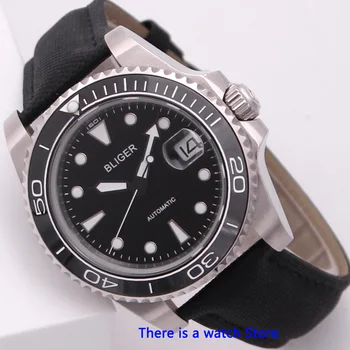 Bliger 40mm Cadran Negru Automate Mecanice Mens Watch Sticlă de Safir Curea din Piele Luminoasă Impermeabil Calendar Ceas de mână pentru Bărbați