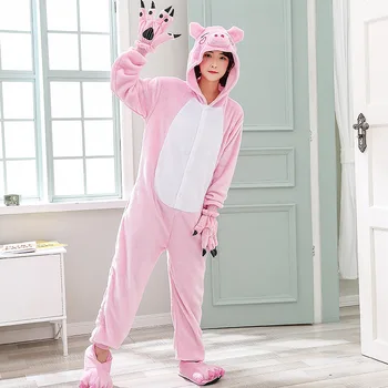 Kigurumi Cosplay Set De Pijama Femei Bărbați De Crăciun Flanel Adulți Animal Pijamale Desene Animate Porc