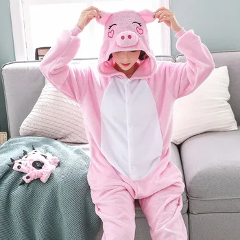 Kigurumi Cosplay Set De Pijama Femei Bărbați De Crăciun Flanel Adulți Animal Pijamale Desene Animate Porc
