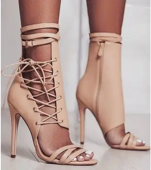2018 vânzare fierbinte Roman de curea Cataramă Pantofi Femei Sandale sexy Gladiator Lace up peep toe sandale tocuri inalte Femei cizme Glezna L65