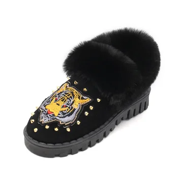 Femei de moda Cizme 2019 Iarna Brodate Nituri Blană Gros cald Cald Plat Bumbac Pantofi Cizme de Zapada pentru Femei piele de Căprioară Pantofi Femei
