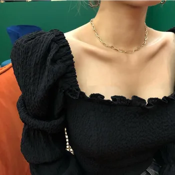 Nomikuma coreean de Pe Umăr Bretele pentru Femei Bluze Sexy Puff Maneca Lunga Stretch Slim Scurt Blusas Mujer De Moda 2020 6A698