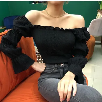 Nomikuma coreean de Pe Umăr Bretele pentru Femei Bluze Sexy Puff Maneca Lunga Stretch Slim Scurt Blusas Mujer De Moda 2020 6A698
