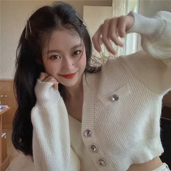 Femei Tricotate Cardigan Dulce Femeile Solid Long Sleeve V-Neck Singur Pieptul Coreean Uza Topuri, Pulovere