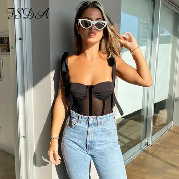 FSDA Mozaic Bandaj Crop Top Femei Sexy Backless Plasă de Vară 2021 Partid fără Mâneci Partid de Pe Umăr Topuri Rezervor