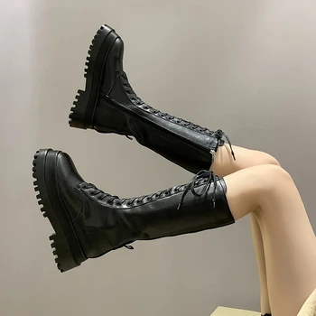 2020 Femei De Iarnă Platforma Cizme Jumătatea Vițel Cizme De Moda Indesata Negru Din Piele Cizme Doamnelor Ulzzang Pantofi De Femeie