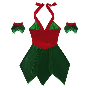TiaoBug Femei Catifea Moale Ștreangul De Crăciun Costum De Elf Rochie Fancy Brațul Mansete Set De Sex Feminin Crăciun Costum Cosplay Partid Rochie De Până