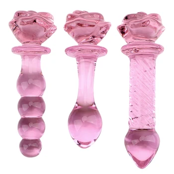 VATINE de Sticla Vibrator Roz Floare Trandafir Forma Anal Plug Prostata Masaj Fundul Stimularea Jucarii Sexuale pentru Femei Anale