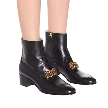 Siddons Lanț De Aur De Design De Pantofi De Brand De Lux Din Piele Neagra Pentru Femei Glezna Cizme Rotund Toe Partea Fermoare Indesata Toc Botas Mujer