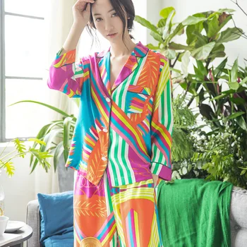 Pijamale De Mătase Pentru Femei Primavara Moda Coreeană Sleepwear Plus Dimensiune Cardigan Mâneci Lungi, Pantaloni Lungi Costum Sexy Pijama Satin