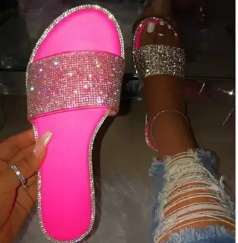Perixir Vara Femei Papuci Sandale Diamante De Cristal Strălucitor Slip-On Doamnelor Sandale Plate În Aer Liber, Plajă, Tobogane De Sex Feminin Pantofi
