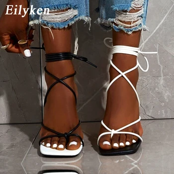 Eilyken Noua Moda Populare Mixte De Culoare Sandale Femei Clip Toe Bandă Îngustă Stilet Tocuri Square Toe Glezna Dantela-Up Pantofi Pentru Femei