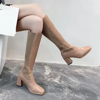 Moda Concis Deget De La Picior Pătrat De Sex Feminin Genunchi Cizme Înalte Din Piele Tocuri Groase De Iarnă De Partid Pantofi Casual Chelsea Cizme Cu Fermoar