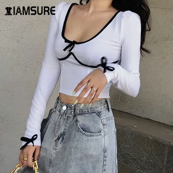 IAMSURE 2020 Toamna cu Maneci Lungi Guler Pătrat Crop Top Tricou Pentru Femei de Moda Streetwear Papion Slim Tinutele Feminine Tricou