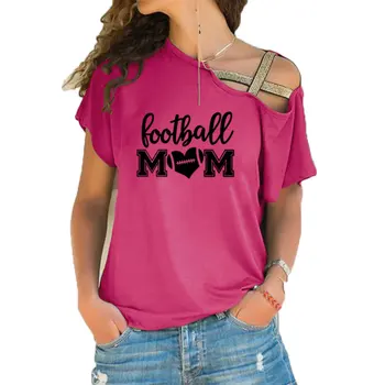 Moda De Fotbal Mama Print T-Shirt Femei Leopard Harajuku Punk Dragoste Iubitor De Fotbal Cadou Neregulate Oblic Gât Crucea Bandaj Tees