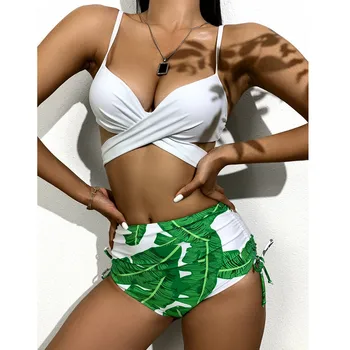 Femei Sexy Pene Verde cu Mâneci Lungi de protecție Solară de costume de Baie 3 Piese talie Mare Bodysuit Costume de Baie Costum de baie Port Beachwear