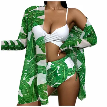 Femei Sexy Pene Verde cu Mâneci Lungi de protecție Solară de costume de Baie 3 Piese talie Mare Bodysuit Costume de Baie Costum de baie Port Beachwear