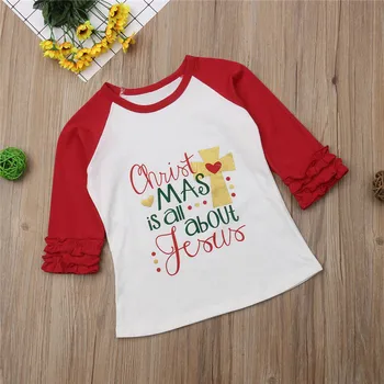 Nou-născut Copilul copil Fete Topuri Scrisoare de Imprimare T-shirt Xmas Volane Topuri Rosie cu Maneci Lungi Tricou de Crăciun Copil Haine 0-5ani