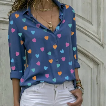 Bluze pentru femei Blusa Inimă Nouă Tipărite V Gât Doamnei Tricouri Primăvară-Vară Jos Bluza Topuri Femeile Alb Albastru