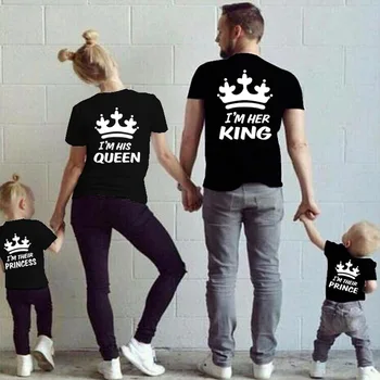 Vara Familie Tricou Maneca Scurta Negru Regele Litera T-Shirt pentru Tata Mama Copii Îmbrăcăminte Regele Regina Bumbac Familia Îmbrăcăminte