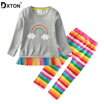 DXTON 2020 Haine pentru Copii Costume de Topuri și Pantaloni de Iarnă Rainbow T-shirt-uri cu Bumbac Jambiere Fete de Îmbrăcăminte Seturi de 2 buc 3-8Y