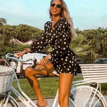 High Street Polka Dot Imprimare De Moda Pentru Femei Salopete De Vară 2020 Talie Mare Cu Curea Casual Puff Maneca V Gat Salopeta Femme