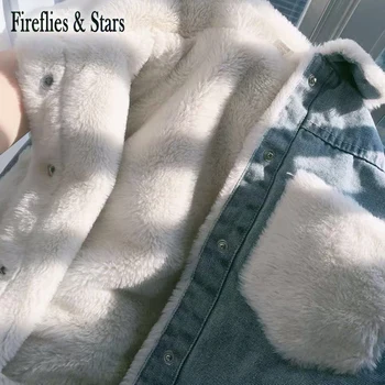 Iarna Fete Jacheta Denim Baby Coat Toddler Uza Copii Haine Groase Noua Moda Blană Albă Pocket Faux Păr De Iepure De La 2 La 9 Ani