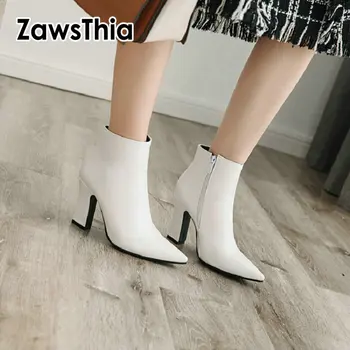 ZawsThia 2020 iarnă primăvară alb negru gros tocuri inalte cizme femei pompe tocuri cizme a subliniat toe fermoar, botine