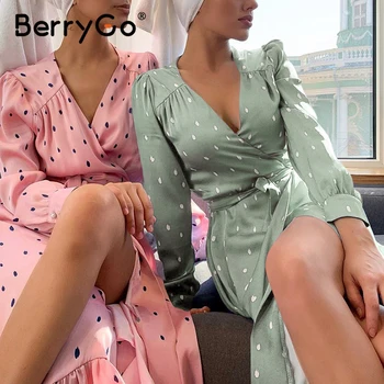 BerryGo Buline elegante femei rochie manșon de Puf lung epocă rochie de petrecere V gât eșarfă streetwear wrap rochie vestido uzura de muncă