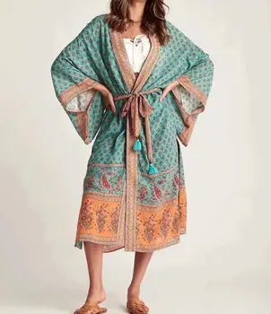 2020 Boem, Vintage Print Floral Albastru Design Lung bluza Kimono batwing Maneca Cardigan pentru femei tricou Maxi de Plaja blusas Hoiday