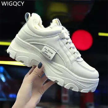 WIGQCY 2020 Piele Indesata Adidasi Femei Albe Pantofi Casual Femei Adidași de Iarnă Platforma Pantofi de Zăpadă Blana de Pluș D028