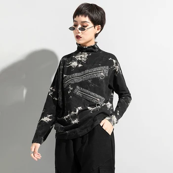[MEM] Femei de Mari Dimensiuni Neregulate Fermoar Imprimate T-shirt Noi Guler Maneca Lunga Mareea Moda Primavara Toamna anului 2021 1DD1437