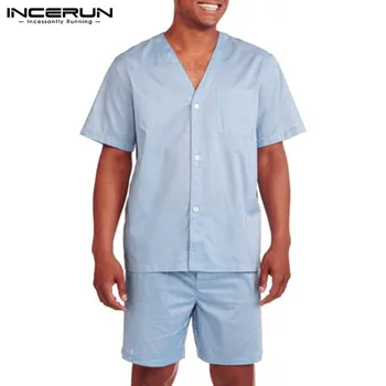 Moda de vara pentru Bărbați Seturi de Pijamale Solid V-Neck Maneca Scurta Streetwear Homewear îmbrăcăminte de noapte pantaloni Scurți Homewear Costum Barbati INCERUN 2021 7