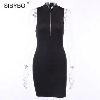 SIBYBO Sexy Rochie fără Mâneci Bodycon Femei cu Fermoar Frontală V Gât Rochii de Vară 2020 Negru de sex Feminin Streetwear Petrecere Vestidos Scurt