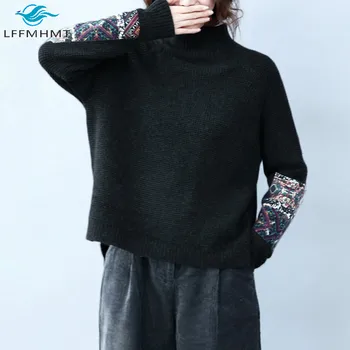 Femei De Moda De Iarnă Epocă Mozaic Gât Maneca Lunga Pulover Office Lady Coreeană Stil Casual Vrac Se Ingroase Tricotaje De Sus