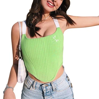 Femei de Moda Libelula Print Lace-up Tank Top Elegant fără Mâneci Culoare Solidă Confortabil Crop Top Pentru Femei