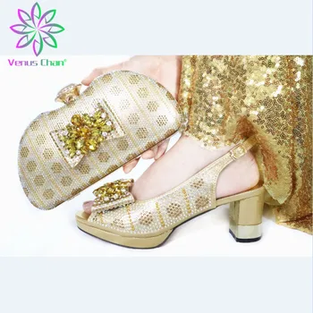 Culoare de aur Femeie Sandale cu Toc Și Sac de Potrivire Set Pentru Petrecerea 2019 Vânzare Fierbinte Italian Femeie Pantofi Și Sac Pentru a se Potrivi Set
