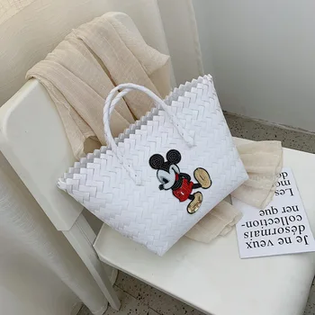 Disney Mickey Mouse doamnelor geantă de mână de Desene animate doamna Tote sac Mare Capacitate Femei țesut geantă de mână de moda de călătorie sac de plajă