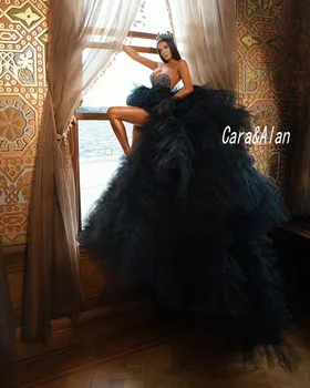 Printesa Rochie de Bal Rochii de Mireasa Negre, Sexy Plunning Gât cu Margele Dubai Rochii de Mireasa Volane Fusta Tul vestido de noiva 2021