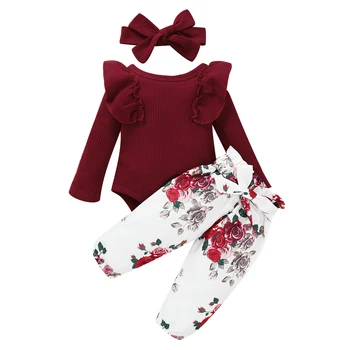 2020 Toamna Copil Nou-născut Fete Îmbrăcăminte Set Zburli Maneca Lunga O-gât Culoare Solidă de Sus + Print Floral Pantaloni+ Bentita 0-24M Haine