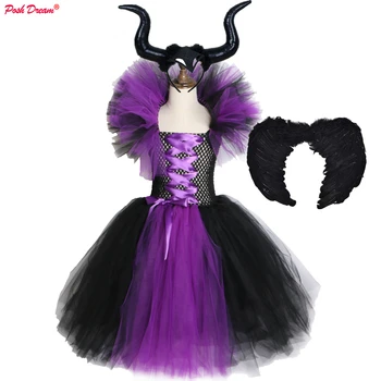Negru-violet Fete Vrăjitoare Rochie Tutu cu Aripi Manual Tul Costum de Halloween, Carnaval, Cosplay Petrecere Foto Fete Rochie Tutu