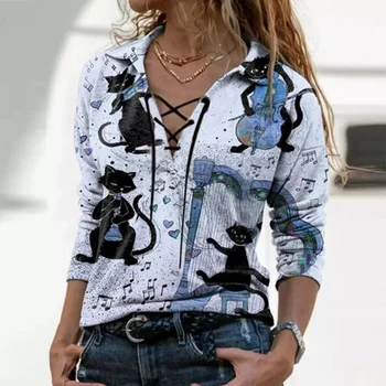 Streetwear Model Retro Cat de Imprimare Bluza Elegant V-gât Cravată-up Gol Afară de Femei, Camasi Casual, Guler de Turn-Down Pulover Topuri