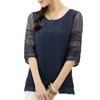 Femei Coreea Moda Bluze Maneca Jumătate Blusas Sifon Tricouri Cusaturi Dantelă Plus Dimensiune bluza S-5XL